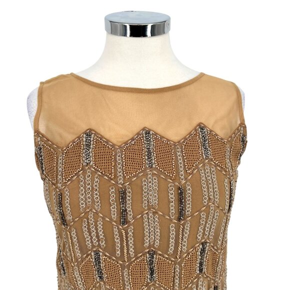 Sundance Beaded Moondusk Top Sleeveless Mesh Beige Tan Size Medium Petite - Picture 2 of 12